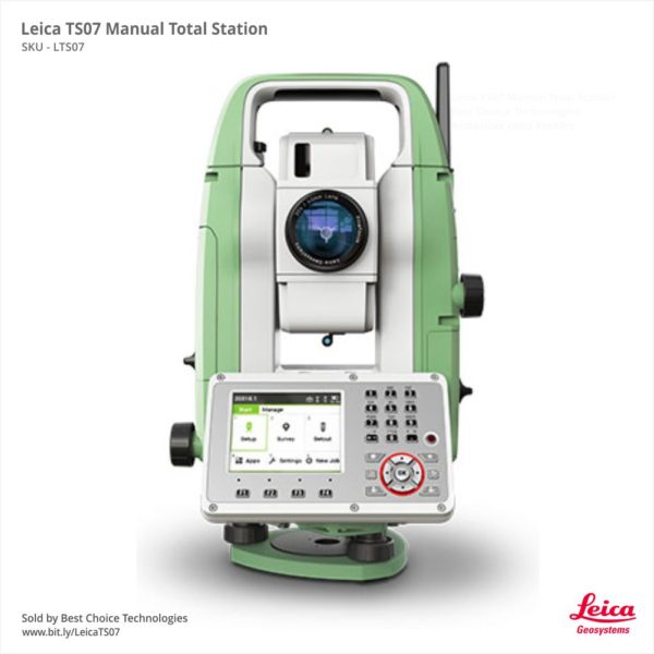 Leica TS07 Manual Total Station – 1”, 2, 3”, 5”, 7″ angle measurement accuracy, 3500m single prism range, R500 EDM 500m reflectorless range & 1000m option, 1 mm + 1.5 ppm accuracy, 2GB internal memory, SD card 1 GB / 8 GB, Bluetooth